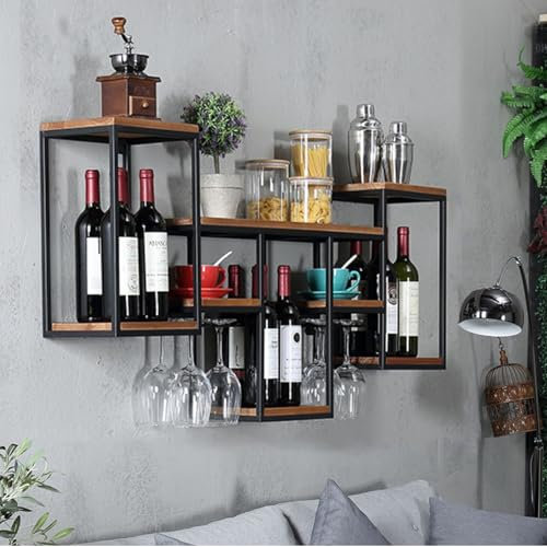 Estante flotante para vino montado en la pared con soporte para copas moderno estante de vino negro para el hogar, bar, cocina o sala de estar
