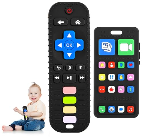 Dentizione Sollievo Dentiera Giocattoli, Telecomando e Telefono in Silicone Giochi per Bambini 0-6 12 Mesi, Giochi da Bagno,Giocattoli da masticare di qualità alimentare per Bambini 3 6 9 Mesi 1 anno