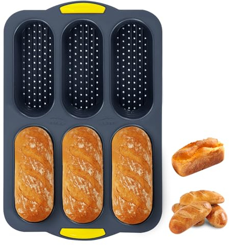 Obsoorth Silicone Baguette Bread Pan Non-stick & Heat-resistance Silicone Bread Loaf Pan Porous Hot Dog Bun Pans 6 Compartment Delicious French Bread Baking Pan Hot Dog Buns