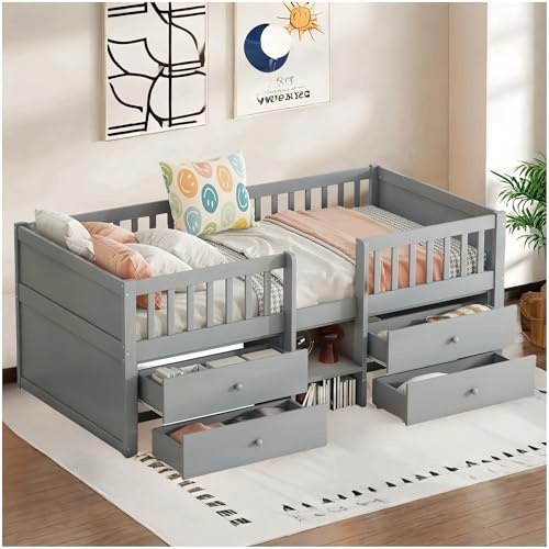 Lubvtti Cama para niños con 4 cajones, Cama Montessori 90 x 200 cm,Cama Infantil con barandilla y Base de láminas, sin colchón, Estilo Minimalista, Gris