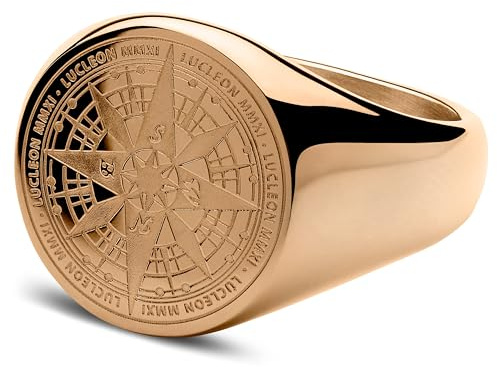Lucleon by Trendhim Men's Ring | Compass Signet Ring in Rose Gold-Tone Surgical Steel with Engraved Design | Danish Design | Stylish Men's Jewellery for Everyday & Occasion