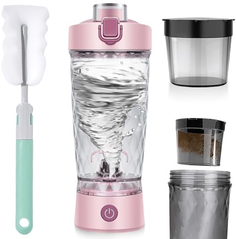 GOMETY Elektrischer Shaker, 650ML Automatischer Protein Mixer, Protein Shaker Elektrisch mit Pulverfach, Proteinshake, BPA-frei, USB Wiederaufladbar für Cremige Eiweiß Shakes (Verbessertes, Rosa)