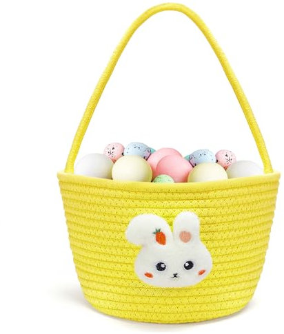 Goodheim Cestino pasquale per bambini con manico – Grazioso cestino pasquale con coniglietto in peluche, personalizzabile, nido di Pasqua da riempire per ragazzi e ragazze, giallo