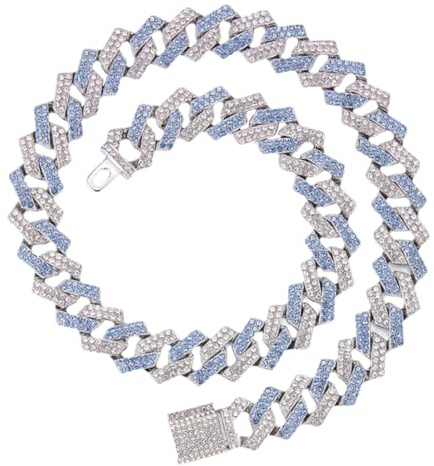 MIRKUZI Collares para hombre Cadena cubana, cadena cubana para hombre, collar cubano azul plateado, joyería hip hop, mitad diamante azul, mitad diamante blanco, unisex (50 cm)