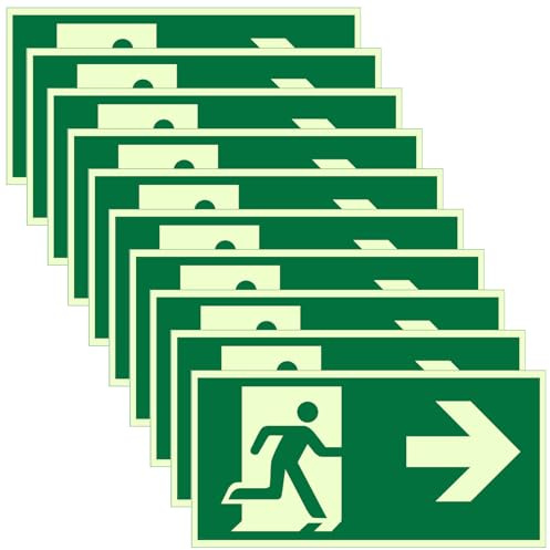 10 cartelli per uscita di emergenza, 30 x 15 cm, per uscita di emergenza, retroilluminante, segnale di emergenza, freccia inferiore, autoadesivo, per via di fuga (freccia destra)