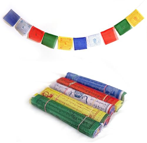 Bandiera di Preghiera Tibetana, Fatta a Mano in Nepal, Manta della Pace, Per la meditazione, lo yoga, il giardino della pace, confezione da 5 set (Bandierina piccola 10 CM x 10 CM)