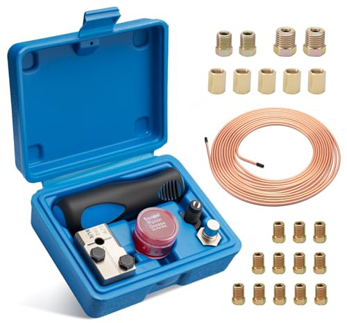 Wvoillty Bremsleitung Bördelgerät für DIN Bördelungen, 4,75 mm Universal-Bremsleitungs-Bördelgerät-Satz, 7,62m Ø4,75mm Bremsleitung mit 16 Anschlüssen+5 Verbinder, für Fahrzeugleitungen