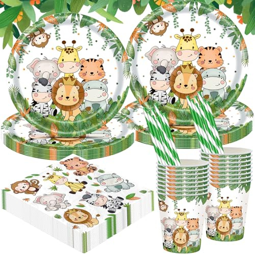 Raxfekro 64 Stück waldtiere Partygeschirr Set, dschungel geburtstag deko, waldtiere party Kindergeburtstag Besteck Enthält Teller, Servietten, Tassen, Strohhalme(für 16 Gäste)