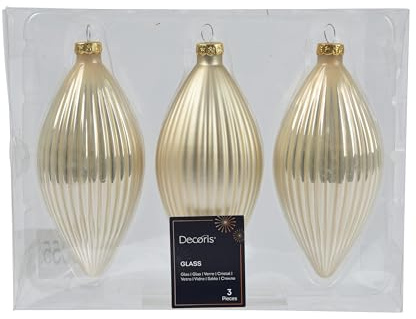 Kaemingk Christbaumschmuck Tropfenform geriffelt 13cm Glas 3 Stück - Weihnachtsbaumkugeln glänzend & matt - Christbaumanhänger Weihnachtsdeko Weihnachtsbaumschmuck für Weihnachten - Perle