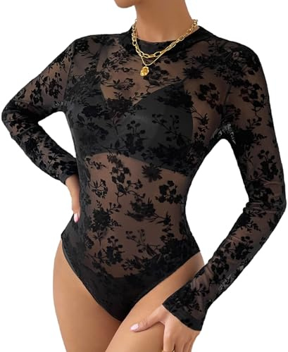 ROSVAJFY Women's Mesh Bodysuit, Black Transparent Floral Print Long Sleeve Flocked Leotard Top for Casual, Club, Concerts (Black, L)
