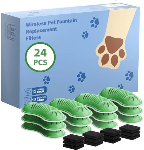 GOOIFUN Filtre Fontaine Eau Chat: 24 Filtres Fontaine à Eau pour Chat - 12 Charbonfiltres + 12 éponges - Filtre Fontaines Chats - Nouvelle Apparence Verte - Convient pour Distributeur Chats sans Fil