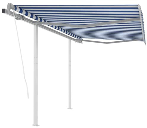 Freistehende Markise Einziehbar mit Automatischer Steuerung, Pulverbeschichteter Aluminiumrahmen, Sonnenschutz für Balkon oder Terrasse, Markise Balkon, Sonnensegel Balkon, Blau/Weiß, 350 x 250 cm