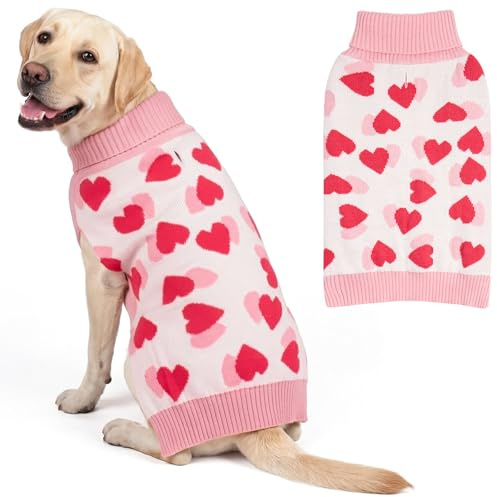 KYEESE Valentines Dog Sweater, Turtleneck Large Dog Sweater with Heart Print, Soft Stretchy Dogs Sweaters for Large Dogs, Warm Pullover Pet Clothes Coat with Leash Hole, 3XL