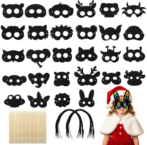 Molirex 28 Stück Tiere Masken Kratzbilder Scratch Crafts | mit 28 Elastischen Kordeln 28 Holzstiften Painting Art DIY Handwerk Masken zum Basteln für Geschenk Spiele Party Mitgebsel