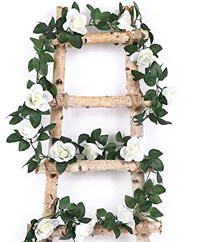 2 Pcs White Artificial Flower Hanging Rose Garlands Fake Rose Vine Flowers Plants DIY Wreath for Garden Craft Art Decor Home Wedding Party 8.2ft/2.5m
