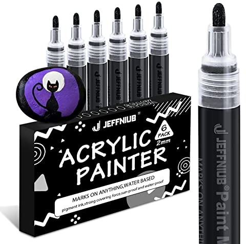 JEFFNIUB Feutre Acrylique Noir Marqueur Pointe Conique 2-3mm, Lot de 6 Feutre Permanent Acrylic Painter Pour Marquage Verre, Peinture, Metal, Textile, Bois, Galets Roche (Noir)