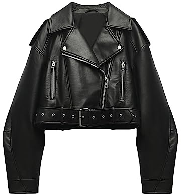 LY VAREY LIN Women Faux Leather Cropped Jacket Lapel Zipper Biker Short Coat with Belt