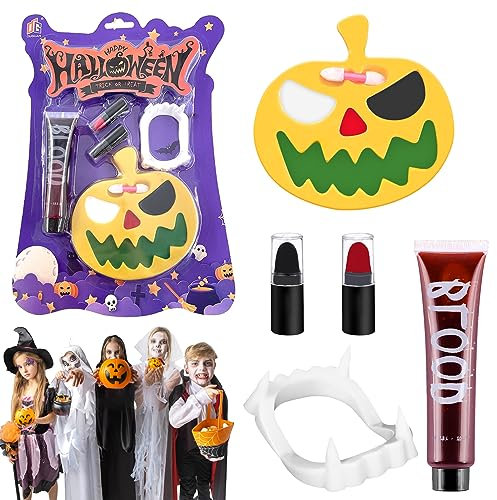 Lets Joy Halloween Make-Up Set, Trucchi Halloween Bambini Kit, Halloween Sangue Finto Set, Colori Viso Corpo, Denti da Vampiro per Bambini, Vampiro Trucco per Halloween, Halloween Cosplay Makeup