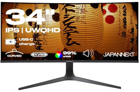 JAPANNEXT Monitor Curvo 34 IPS UWQHD (3440x1440) | HDR & KVM | Ricarica tramite USB-C (65W) Altezza regolabile Altoparlanti integrati | G-Sync/FreeSync | Garanzia 2 anni | JN-IPSC34UWQHDR-C65W-H