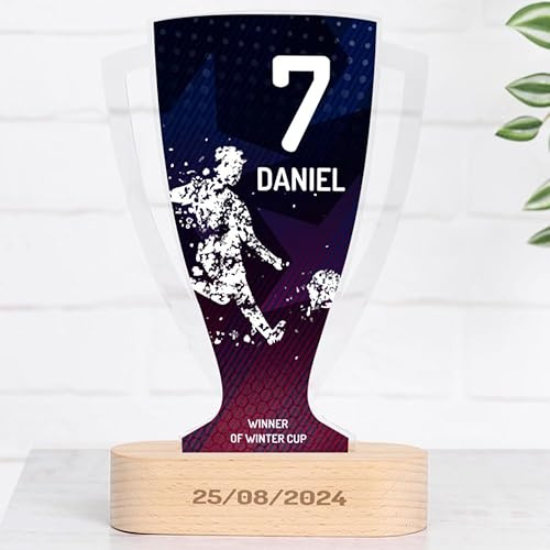 Wanapix | Trophäe aus Methacrylat mit Name und Photo | Sportpokal |Personalisierte Trophäe | Ständer Naturholz | Graviertem Holzsockel | Stars
