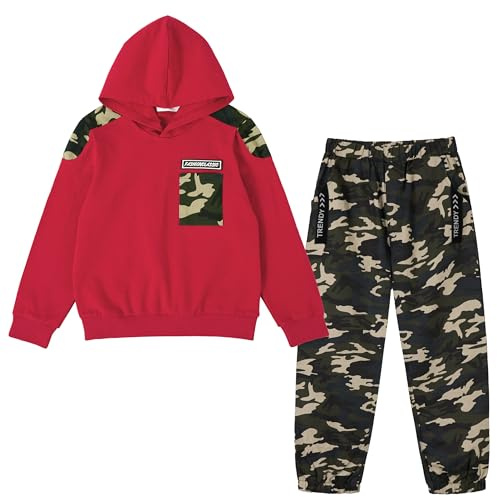 LOLANTA 2PCS Tuta da Ginnastica per Bambini Felpa per Ragazzi Top con Cappuccio e Pantaloni da Cargo Mimetici, Rosso, 12-13 anni, 170