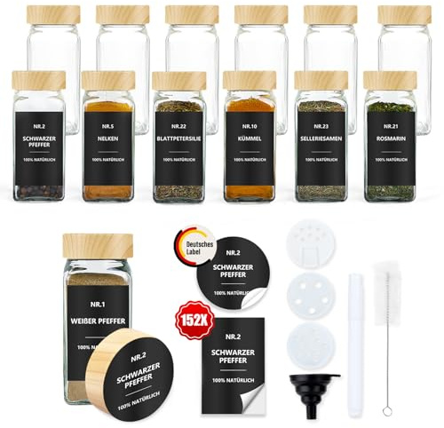 Kryddburkar, fyrkantiga med etiketter, set 12: Små kryddburkar, glas, 120 ml med ströinsats, vattentäta etiketter – förvaring av kryddförvaring för kökslådan – kryddströare, träådring