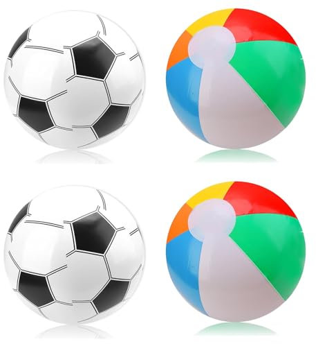 4 Pack Inflatable Beach Balls and Footballs, Inflatable Ball for Family, Small Football for Outdoor Games, Pool Game Family Party, Gathering Suitable for 15+