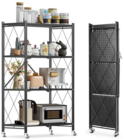 HomeMiYN Klappregal mit Rollen - 4/5 Etagen Schwerlastregal (71x34x121/159cm) - Küchenregal, Lagerregal, Büroregal aus Metall - Schwarz - faltbar & mobil für Wohnzimmer/Küche/Büro (4 Etagen)
