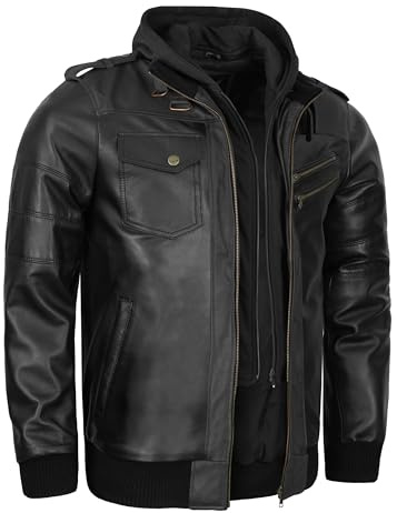 Leatherick Chaqueta Premium de Piel de Cordero para Hombre – Capucha Extraíble de Polar con 7 Bolsillos Funcionales y Cierre Frontal con Cremallera (FR/ES, Letras, XL, Regular, Regular, Negro)