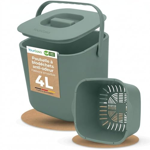 YourCasa Biomülleimer para cocina 4L Compostera para biobasura cotidiana - Apto para lavavajillas - A prueba de olores - Filtro - Bio contenedor de basura pequeño con tapa (4L Menta)