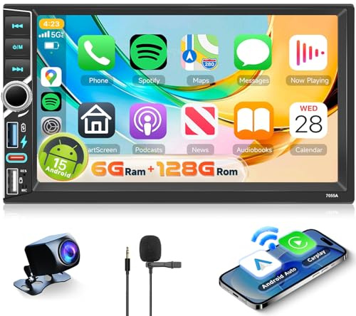 Hodozzy 8 Core 6G+128G Android Autoradio 2 Din mit Wireless Carplay Android Auto, 7 Zoll IPS Touchscreen Autoradio mit Navi WLAN, EQ, Bluetooth, Mirror Link, SWC, FM/RDS, USB Type C+ Rückfahrkamera