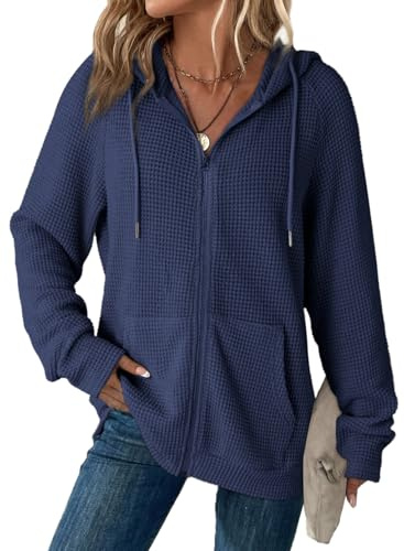 Dokotoo Womens Sweatshirt Navy Blue Fall Solid Color Hoodies Oversized Full Zip Up Hoodie Long Sleeve Ladies Waffle Knit Hooded Sweatshirts Jacket Coat for Women Teen Girls Fashion 2026 Casual L