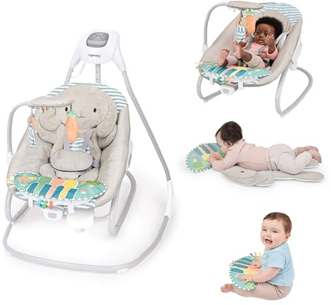 Ingenuity SimpleComfort Piano Playtime 4-in-1 Babyschaukel & Wippe, 180° Drehung, 3 Richtungen, mit Tummy Time Spielmatte & abnehmbarem Klavier, 0–24 Monate | 4 Modi von 0-24 Monaten, 180-Grad-Sitzdrehung, 3 Richtungen, 2 Liegepositionen, Vibration, 56 Melodien, Bauchzeitmatte