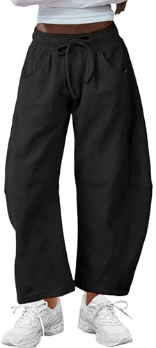 Dam Barrel Leg träningsbyxa dragsko elastisk midja breda ben byxor, casual säckiga byxor gymbyxor med fickor, Svart, XL