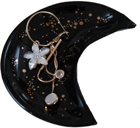 PPQIRU Vide-Poches Assiettes de rangement en céramique forme lune, petits plats à bijoux, boucles d'oreilles, colliers, bagues, présentoir desserts aux fruits, plateaux décoration(Black A)