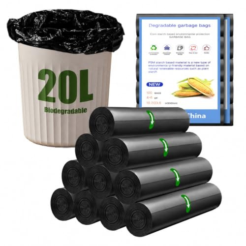 NARYVORA 200 Piezas Bolsas Basura Biodegradable 20L, 10 Rollen 50x60cm Bolsa Basura, 4-6 Gal Prueba de Fugas Bolsas de Basura para Sala de Estar, Cocina, Baño, Oficina, Negro