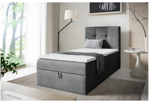 MEBLINI Boxspringbett mit Bettkasten 100x200 - Gepolstert Einzelbett mit Matratze und Topper - Polsterbett mit Stauraum - Bett mit Kopfteil - Stauraumbett - Armand - H3/Grau Plüsch