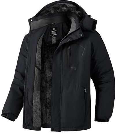 Wantdo Homme Veste de Ski Outdoor Manteau d'hiver Chaud avec Capuche Amovible Veste Imperméable Coupe-Vent Veste Randonnée pour Voyage Noir XXL