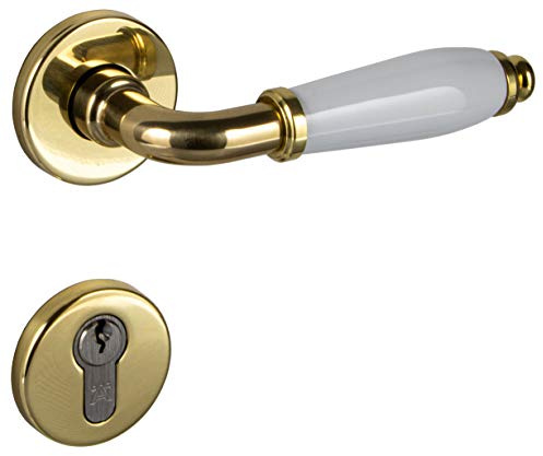 JUVA Drückergarnitur Messing Porzellan weiß Türbeschlag Gold Türgriff Zimmertür | Türdrücker Antik Vintage Innentüren | Türklinke BB Buntbart | MARINA 108 | Design Türgarnitur | PZ Profilzylinder