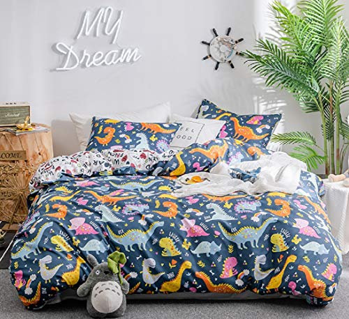GETIYA Children's Bed Linen, 135 x 200 cm, 2-Piece Cartoon Dinosaur Pattern Bed Linen, Breathable Microfibre Bed Linen for All Seasons, Cute Dinosaur Duvet Cover, Boys Bed Linen, Blue