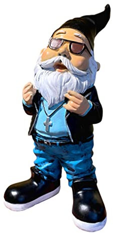 SEWAS Gartenzwerg Rocker mit Kreuz Kette, handbemalt, wetterfest, Kunstharz, Gartenfigur Innen Aussenbereich