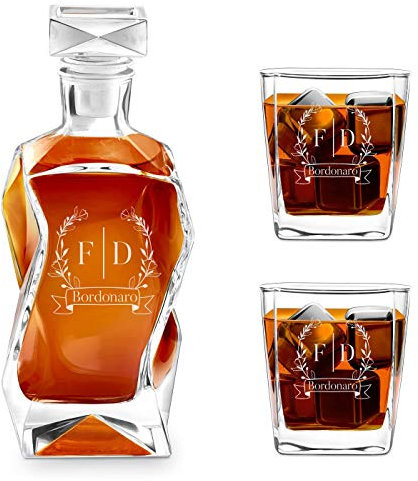 Maverton Set Decanter per Whisky in vetro - da 700 ml - incisione personalizzata - Caraffa con 2/4/ 6 bicchieri - idea regalo per l'anniversario - per la coppia di sposi o fidanzati - Fiori di campo