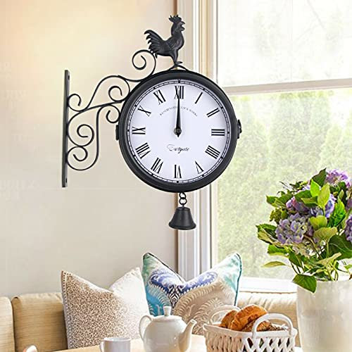 kangten Retro Wanduhr, Antik Stil Doppelseitige Bahnhofsuhr Metall Runde Hängenduhr Outdoor Dekorative 30x9x37cm für Garten Korridoren Veranda Bahnhof