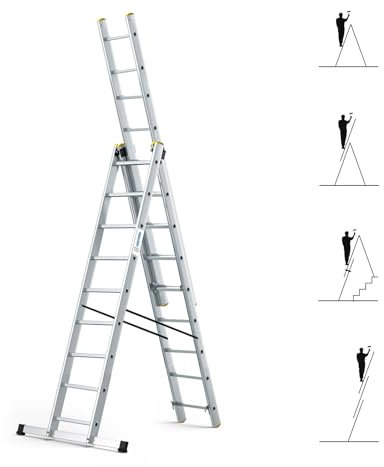 HOSTRÖM Echelle Transformable 3 Plans StablePro 3x9 marches Aluminium Extensible coulissante, 6 Positions, Hauteur Travail Max 6,10m, Garantie 5 Ans