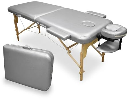 WELLCORE Massageliege, klappbar, aus Holz, Kunstleder, 185 x 65 cm, höhenverstellbar, Abnehmbarer Kopf, Zwei Erweiterungsarme, Gesichtsloch, Silber, bis 225 kg