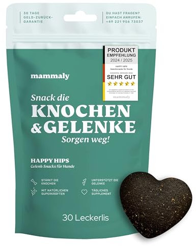 11-in-1 Grünlippmuschel Hund Gelenktabletten - Happy HIPS 30 Leckerli (110g) von mammaly - Gelenk- & Knochenschutz für Hunde - Praktische Alternative zu Kapseln & Grünlippmuschelpulver für Senior