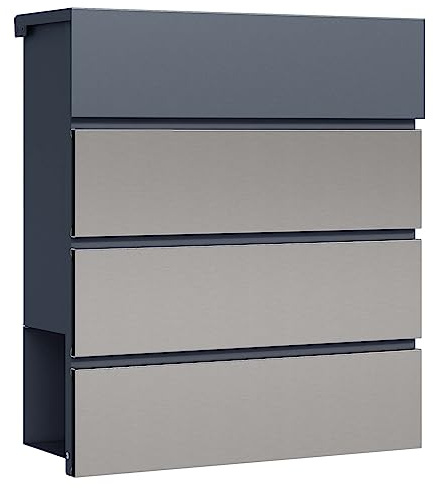 Toboli Briefkasten V64 Anthrazit und Edelstahl 410 x 130 x 370 mm, Wandbriefkasten mit Schloss, Soft Close Klappe und Zeitungsfach, Postkasten aus Stahl pulverbeschichtet