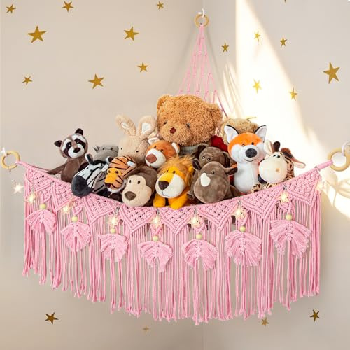 Makramee Spielzeug Aufbewahrung Kuscheltier Aufbewahrung Netz mit Sternenlicht, Plüschtiere Stofftier Hängend Spielzeug Organizer für Kinderzimmer, Boho Ecke Wand hängende Veranstalter (Rosa)