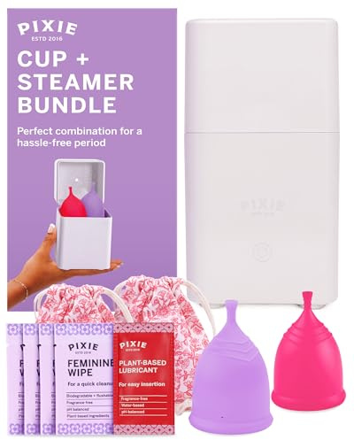 Pixie Menstrual Cups with Sterilizer - The Most Comfortable Soft Reusable Period Cup - Kills 99.9% of Germs with Clean Steam - Wash Your Cup in 3 Minutes! - Compact Sanitizer Kit for Feminine Care