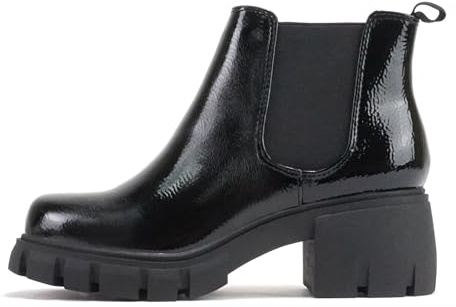 Soda PIONEER ~ Women Lug Sole Mid Heel Chelsea Fashion Ankle Bootie w/Double Elastic Gore (Black Patent, 8)